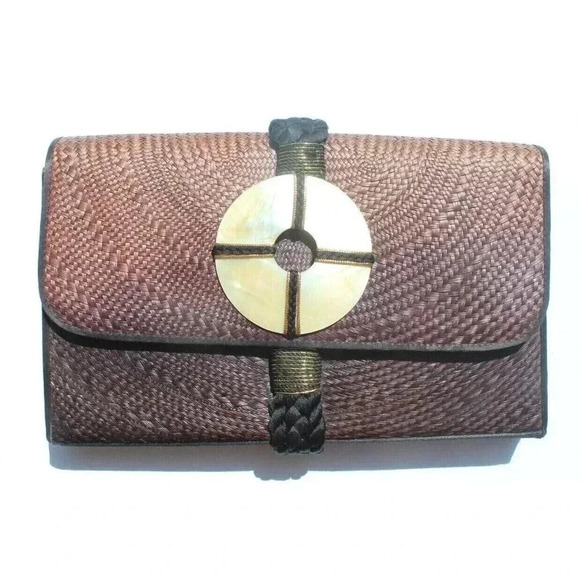 Vtg 1970 Cora Jacobs Purse Straw Mother Of Pearl Shell Clutch Envelope Bag Purse - Picture 1 of 5